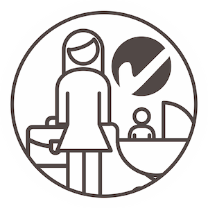 Icon of a woman standing with a suitcase next to a baby in a stroller, with a check mark symbol in the background.