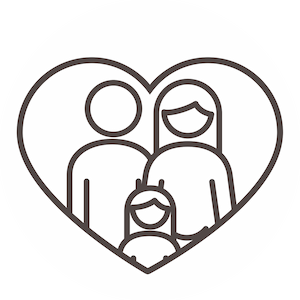 Line drawing of two adults and one child inside a heart outline, representing a family within a circular border.