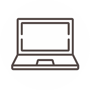 Black outline icon of an open laptop computer on a white circular background.