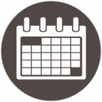Icon of a white calendar with five rows and seven columns, displayed on a dark circular background. Some dates on the left side are highlighted.