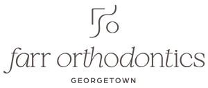 Logo for Farr Orthodontics Georgetown, featuring a minimalist abstract symbol above the clinic name in lowercase letters.