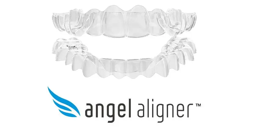 Two clear dental aligners are displayed above the "angel aligner" logo, which features a blue wing graphic in Georgetown, TX.